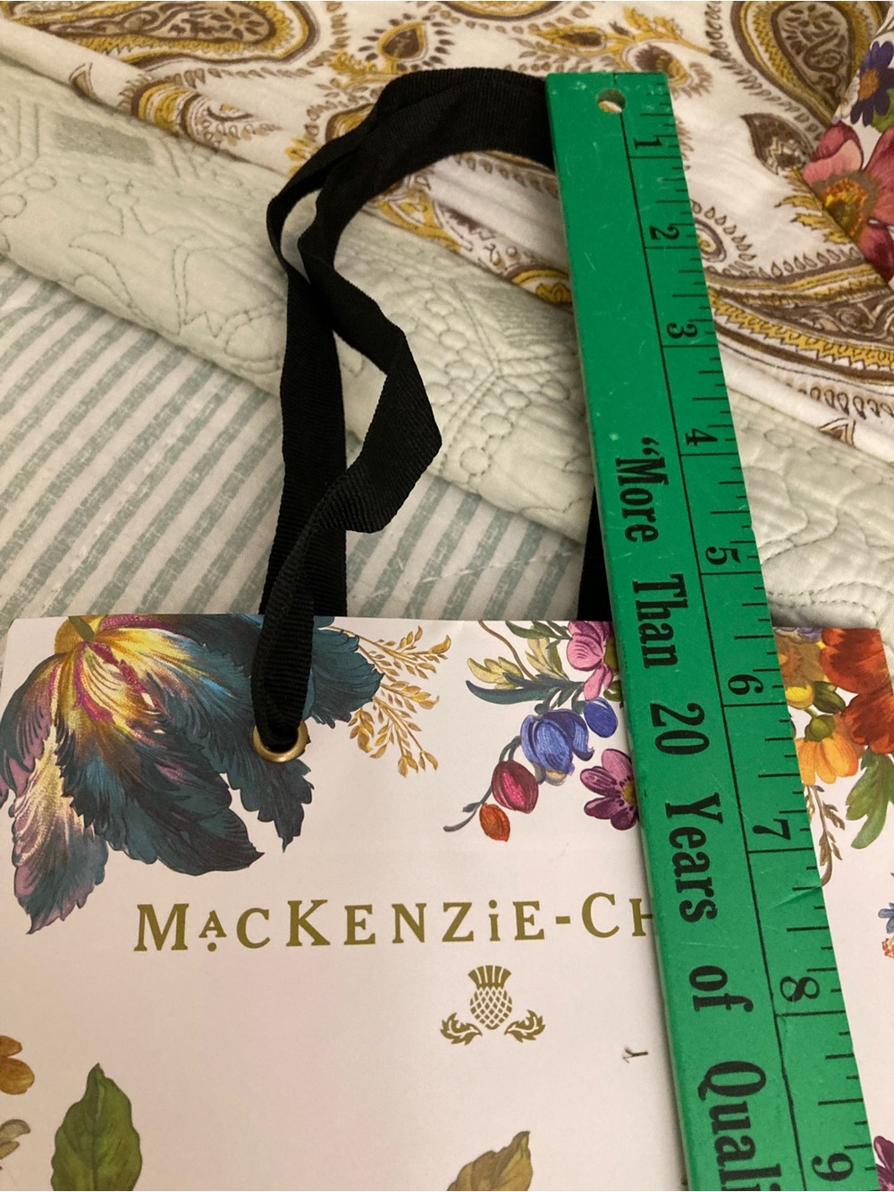 2- MINI MacKenzie-Childs Floral Gift Bags Black Grosgrain Ribbon Handles - Picture 7 of 7
